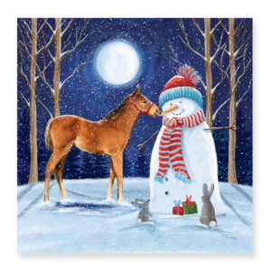 A Christmas card featuring a foal playing with a snowman and two friendly bunnies.