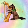 A whimsical illustration of a horse playing a harp.
