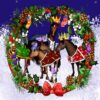 An illustration of a festive wreath adorned with four miniature Christmas horses and a curious cat peeking out from behind.
